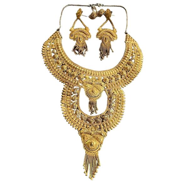 Jewelry Statement Set Necklace Drop Earrings Ring Adjustable Gold Tone - Picture 1 of 15